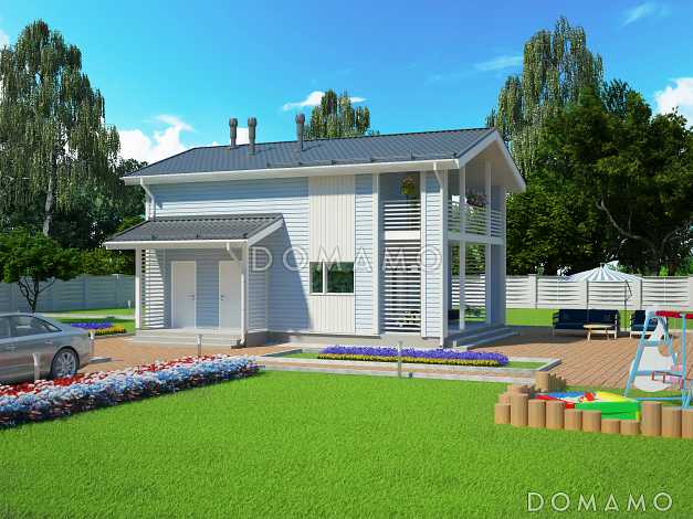 Проект двухэтажного каркасного дома с 4 спальнями и просторной лоджией