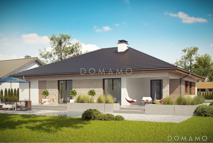 Проект дома с гаражом на две машины, мастер-спальней, кладовой на кухне, террасой