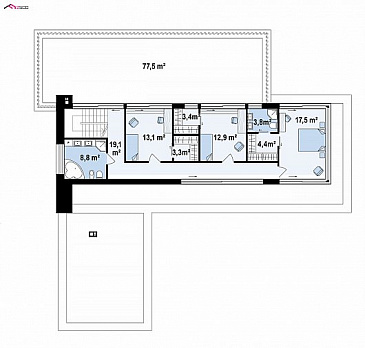 Проект просторного современного двухэтажного дома из кирпича с плоской крышей,  с верандой, гаражом и террасами на обоих этажах / План 2 этажа
