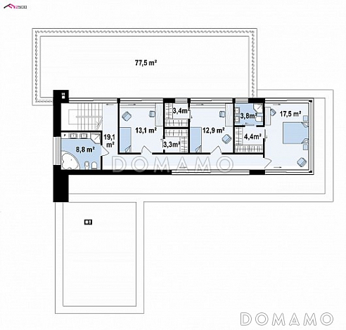 Проект просторного современного двухэтажного дома из кирпича с плоской крышей,  с верандой, гаражом и террасами на обоих этажах / План 2 этажа
