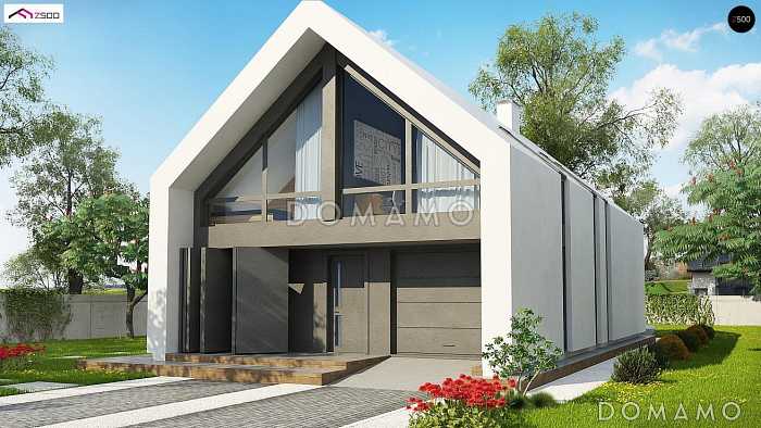 Проект одноэтажного мансардного дома из газобетона с балконом и современными элементами экстерьера и встроенным гаражом