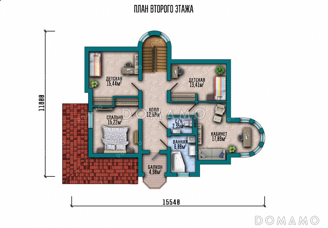 Проект дома с эркером и террасой в стиле замка / План мансардного этажа