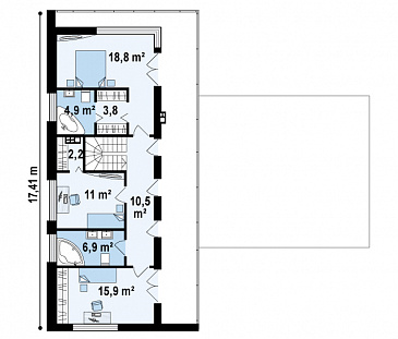 Проект современного двухэтажного дома из газобетона с плоской крышей, четырьмя комнатами и одноместным гаражом / План 2 этажа
