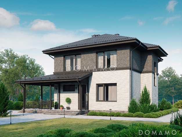 Проект дома с большой крытой террасой, комнатой на первом этаже, кабинетом