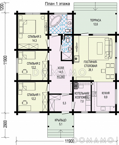 Проект деревянного дома с тремя спальнями, квадратной гостиной-столовой и крытой террасой / План 1 этажа