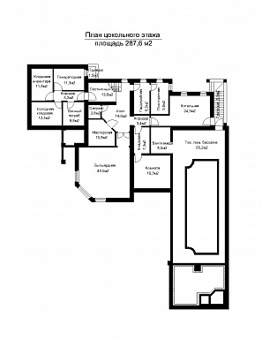 Проект двухэтажного дома с подвалом и пристроенным небольшим бассейном / План цокольного этажа