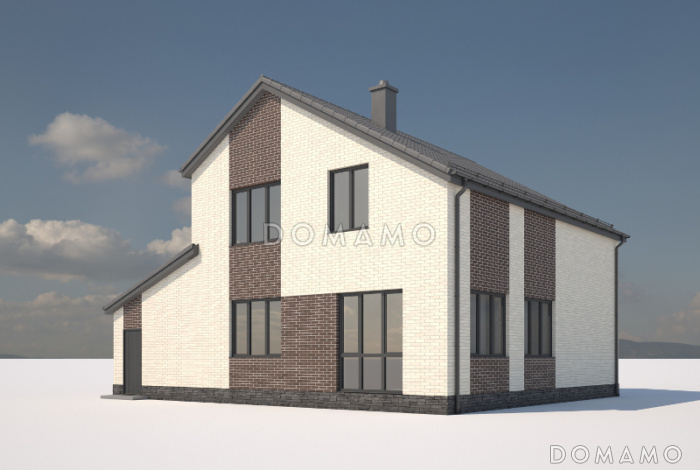 Проект загородного дома с гаражом на 2 машины, прихожей с гардеробом, кабинетом