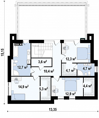 Проект современного двухэтажного дома из кирпича с плоской крышей, с четырьмя комнатами, гаражом и террасами на двух уровнях / План 2 этажа