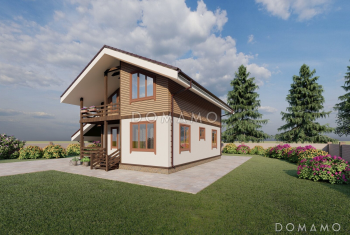 Проект двухэтажного дома с навесом и балконом