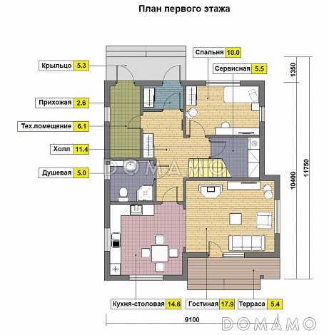 Проект дома из пеноблоков 9 на 10 / План 1 этажа