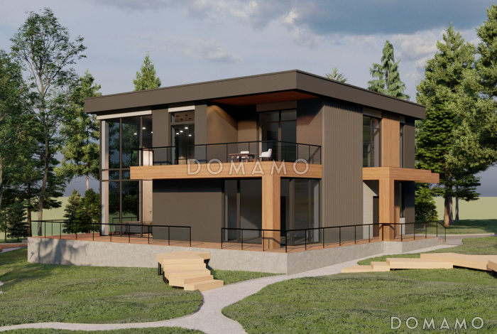 Проект двухэтажного каркасного дома в стиле хай-тек с масштабным остеклением, вторым светом и спортзалом