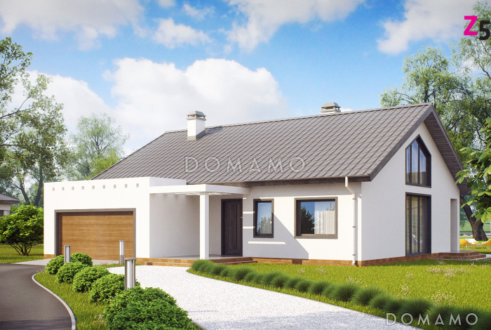 Проект одноэтажного дома из кирпича с антресолью в гостиной, со свободной планировкой мансардного этажа и гаражом