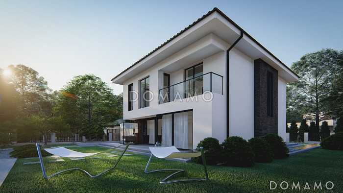 Проект двухэтажного дома с гаражом на два автомобиля с проходом в кухню через  кладовую, мастер-спальней на втором этаже