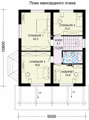 Проект загородного дома с крытой террасой и просторными спальными комнатами / План мансардного этажа