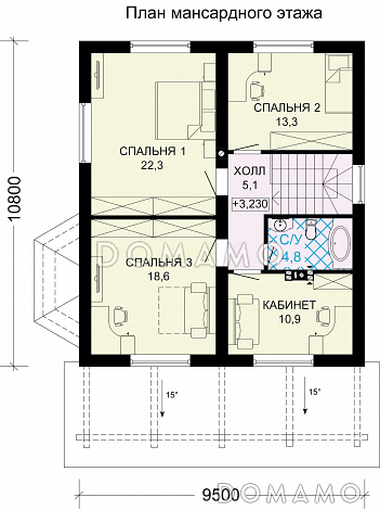 Проект загородного дома с крытой террасой и просторными спальными комнатами / План мансардного этажа