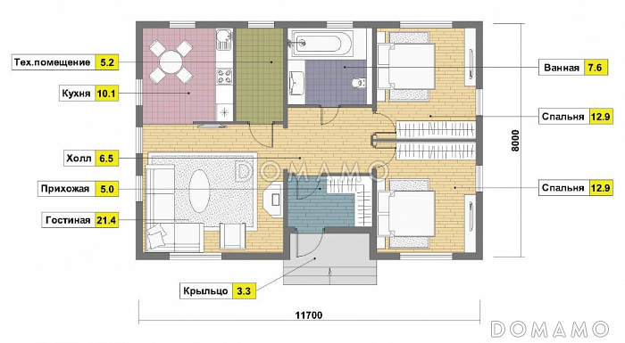 Проект одноэтажного каркасного дома с камином / План 1 этажа
