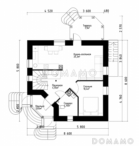 Проект квадратного  коттеджа  со входом с угла, террасой и подвалом. / План 1 этажа