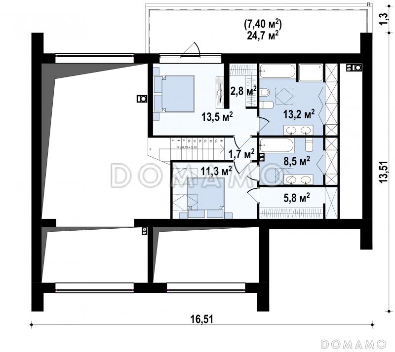 Проект современного одноэтажного мансардного дома с двухскатной крышей из кирпича с четырьмя комнатами и гаражом / План мансардного этажа