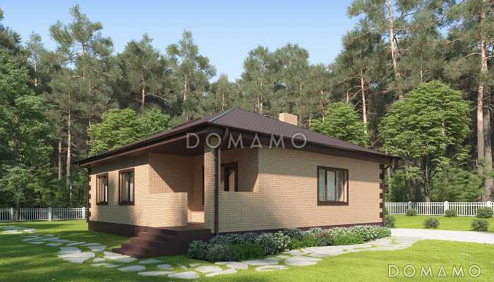 Проект одноэтажного дома с террасой, просторной кухней-столовой, кладовой в холле и спальнями