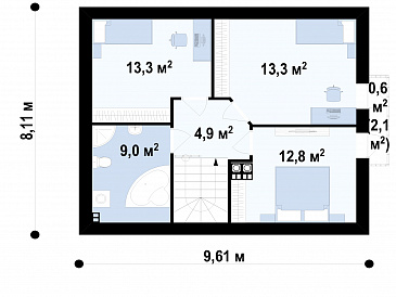 Проект загородного дома с мансардными окнами, балконом, открытой террасой / План мансардного этажа