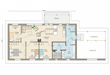 Проект каркасного дома с односкатной крышей, навесом для машины / План 1 этажа