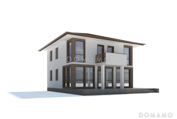 Проект современного дома из клееного бруса с двумя небольшими балконами на втором этаже