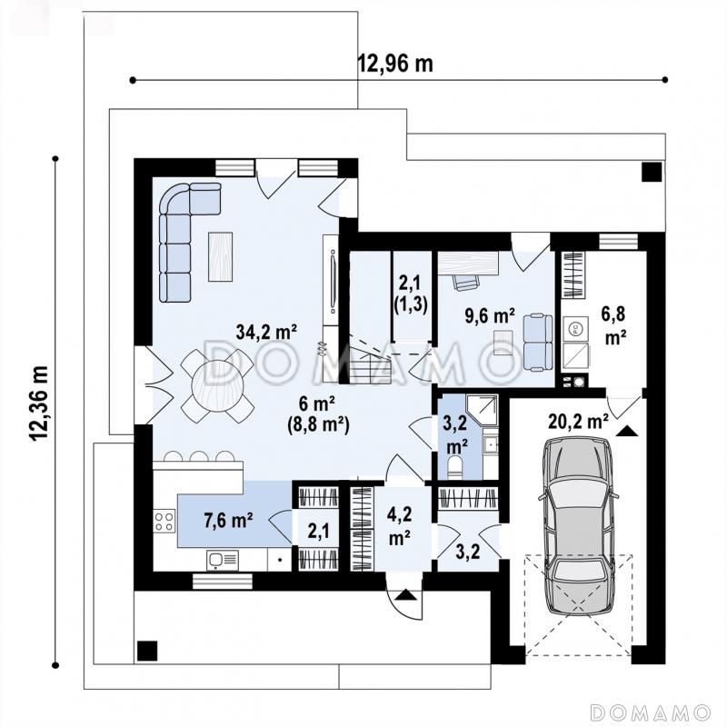 Проект загородного дома с мансардой, гаражом на одну машину, кладовой под лестницей и в кухне / План 1 этажа