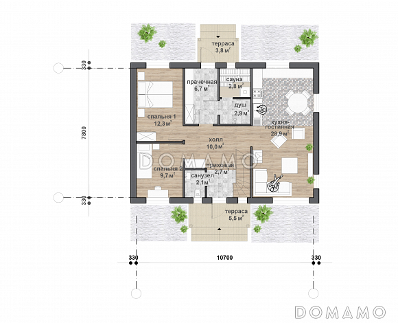 М-122 одноэтажный с мансардой дом / План 1 этажа