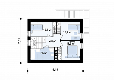Проект компактного одноэтажного мансардного дома из кирпича с кабинетом на первом этаже и тремя спальнями на мансарде / План мансардного этажа