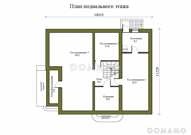 Проект двухэтажного дома из керамических блоков с двускатной крышей с подвалом, террасой и балконом / План цокольного этажа