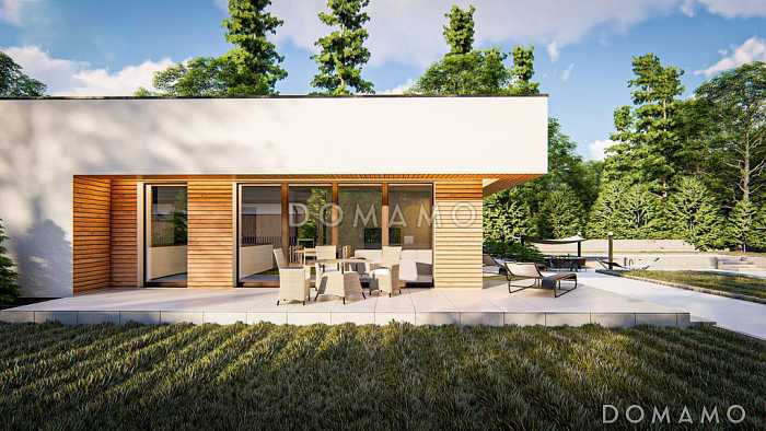 Проект одноэтажного дома с плоской крышей, террасами, большой спальней с гардеробными и ванной