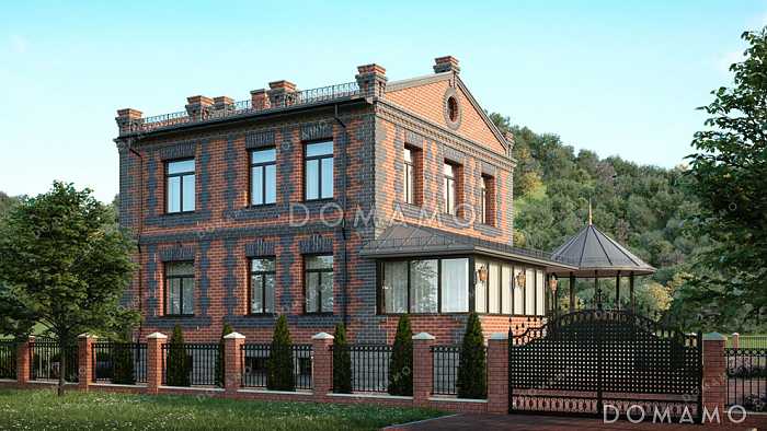 Проект кирпичного двухэтажного дома с 4 спальнями, верандой, круглой беседкой на террасе и обустроенным цокольным этажом