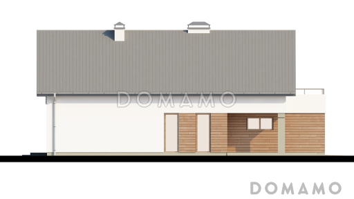 Проект одноэтажного мансардного дома из газобетона с крытой угловой террасой и большой открытой террасой над гаражом / Фасад 4
