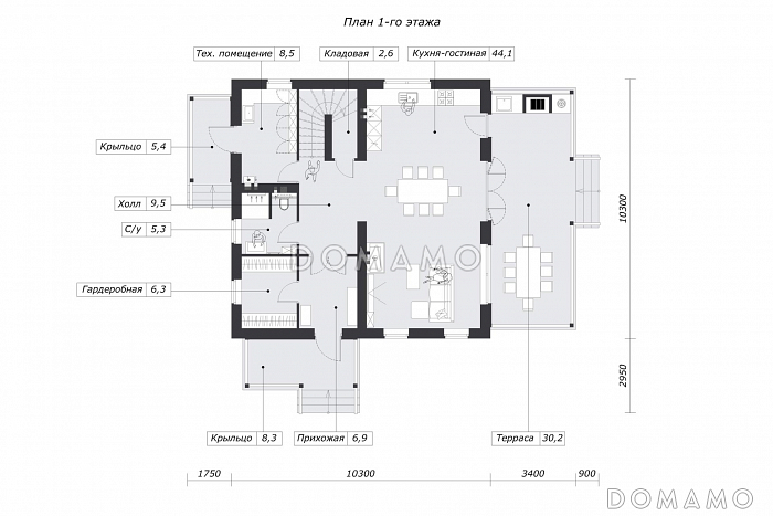 Проект дома с просторной дневной зоной, барбекю на террасе и тремя спальнями на мансарде / План 1 этажа