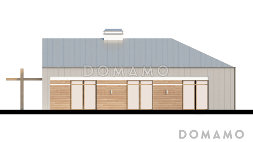 Проект углового одноэтажного дома из газобетона с облицовкой деревянной вагонкой и с гаражом на два автомобиля / Фасад 1