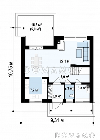 Проект небольшого одноэтажного мансардного дома из газобетона с тремя спальнями и крытой террасой  / План 1 этажа