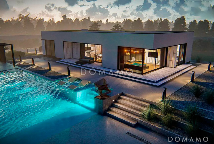 Проект современного одноэтажного дома с плоской кровлей и гаражом на две машины