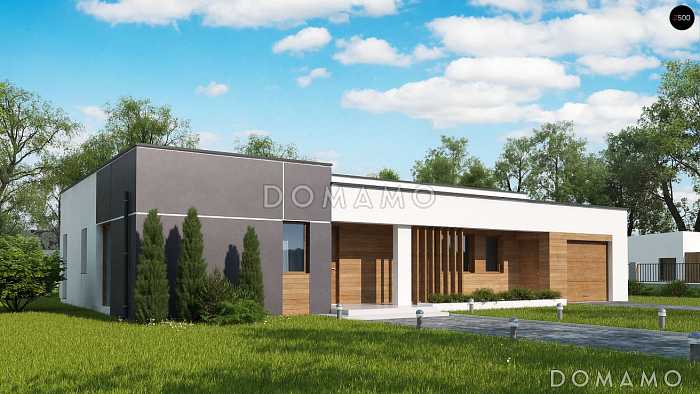 Проект современного одноэтажного дома из газобетона с плоской крышей с тремя спальнями и гаражом