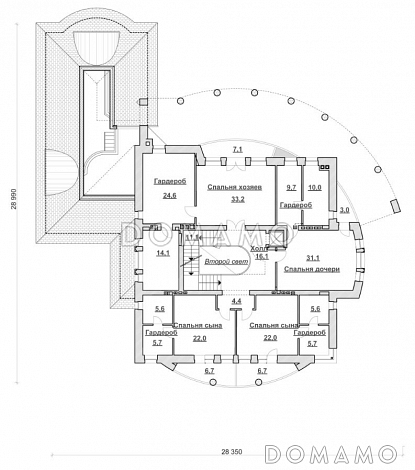 Проект коттеджа с бассейном и стеклянным куполом / План 2 этажа