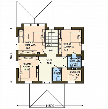 Проект двухэтажного коттеджа с панорамным остеклением на террасу и со вставками красного кирпича / План 2 этажа