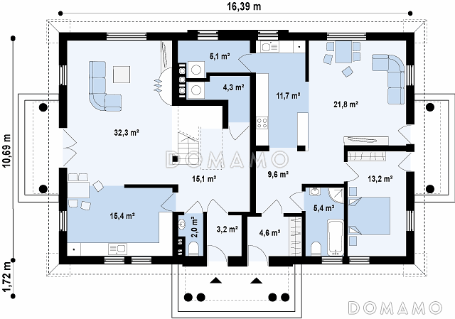 Проект комфортного одноэтажного мансардного дома из кирпича для двух семей в стиле русской усадьбы / План 1 этажа