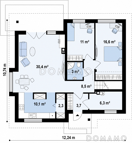 Проект мансардного дома из кирпича с двумя спальнями на первом этаже и двумя на мансарде / План 1 этажа
