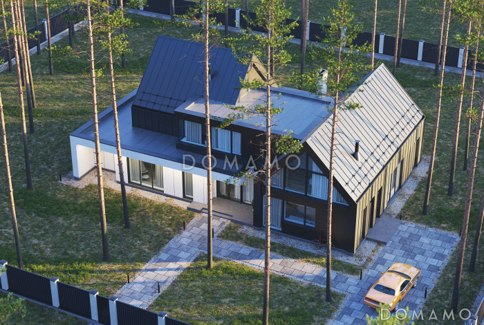 Проект сблокированного дома с спа-зоной, джакузи под открытым небом, просторной гостиной-столовой