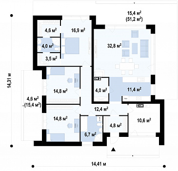 Проект одноэтажного дома с плоской крышей, большими окнами, террасами, большой спальней с гардеробными и ванной / План 1 этажа