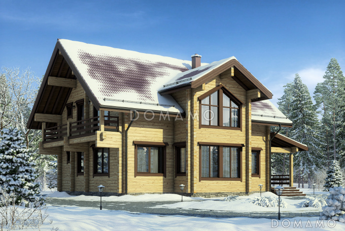 Проект дома из бруса с большой крытой террасой