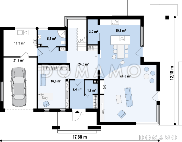 Проект современного двухэтажного дома в стиле хай-тек из газобетона с плоской крышей, гаражом и балконом / План 1 этажа