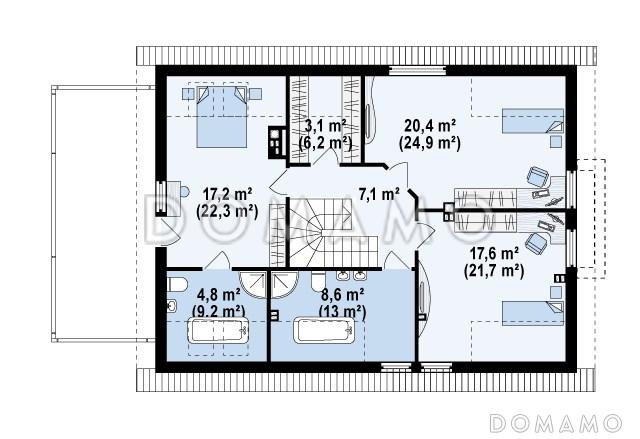 Проект одноэтажного мансардного дома из газобетона с эркером в кухонной зоне, вертикальным мансардным окном и гаражом на два автомобиля / План мансардного этажа