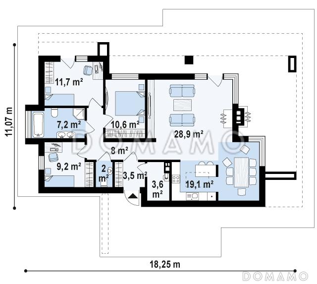 Проект одноэтажного дома из газобетона с плоской крышей, большой площадью остекления и крытой террасой / План 1 этажа