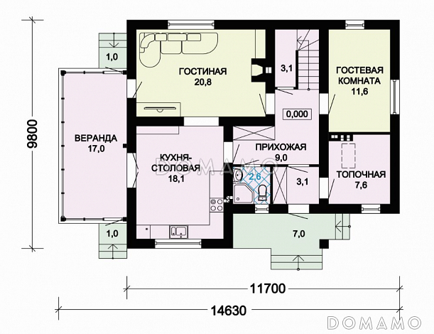 Проект уютного дома с небольшим зимним садом / План 1 этажа