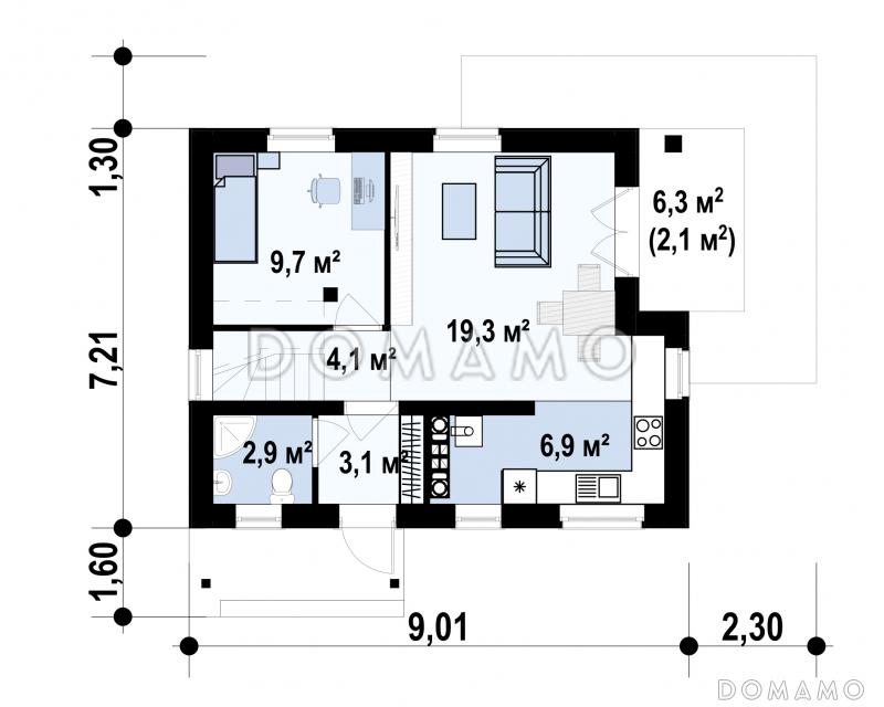 Проект загородного дома с террасой, санузлом с окном, спальней на первом этаже / План 1 этажа